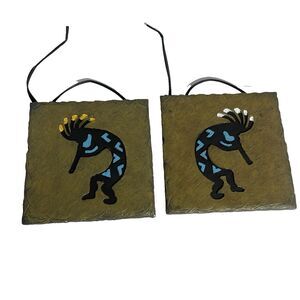 Set of 2 Kokopelli Hanging Wall Tiles Ceramic Tile Trivet Vintage USA Flute